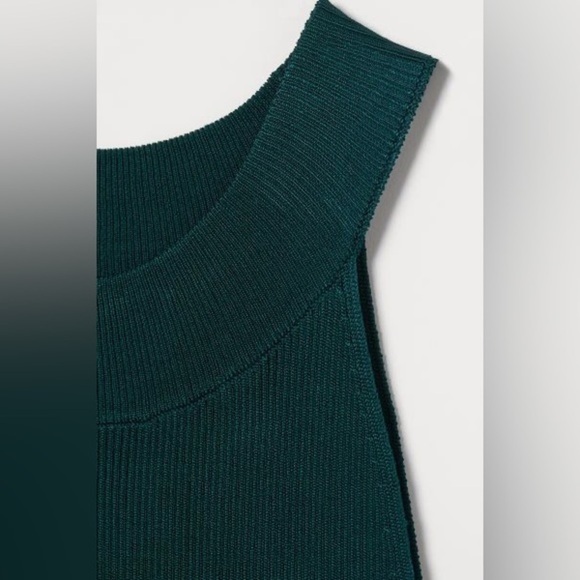 H&M Dark Green Fitted Dress High Neck Midi Party Cocktail Ribbed - Picture 2 of 8